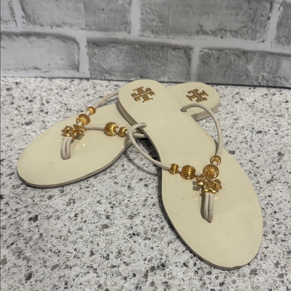 Tory Burch Shoes - Tory Burch Cream and Gold Beaded Leather Sole Sandals